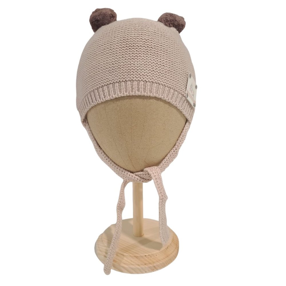 Birch Thin Knit Pompom Beanie With Ties, Beige